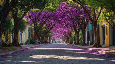 Colorful street with blooming tree in Ho Chi Minh city, Vietnam