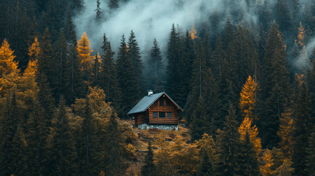 Wooden house in the mountains. Larch forest in autumn.の写真素材