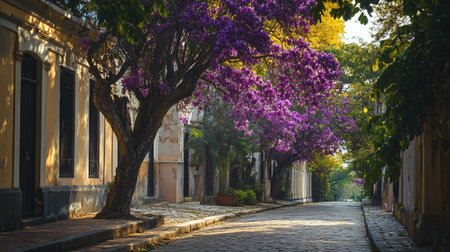Tropical street with blooming tree in the old town of Lisbon, Portugalの写真素材