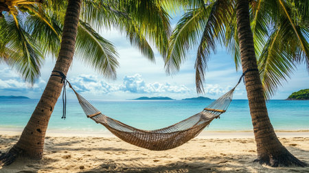 Hammock on tropical beach with coconut palm tree at Seychellesの写真素材