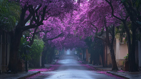 Beautiful spring alley with blooming pink sakura flowers in the cityの写真素材