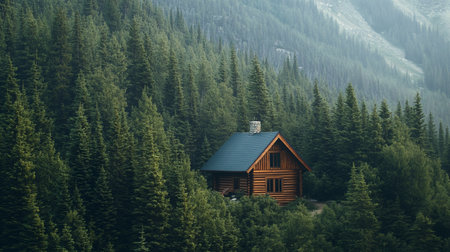 Wooden house in the middle of the coniferous forest.の写真素材