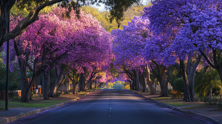 Beautiful jacaranda trees in bloom along the road in the parkの写真素材