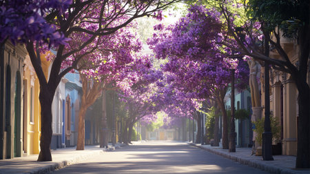 Beautiful alley with purple flowers of Jacaranda tree in the city.の写真素材