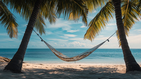 Hammock on the beach with palm tree and blue sky backgroundの写真素材
