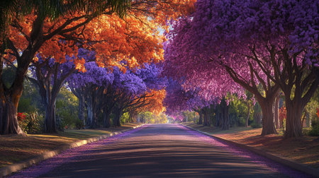 Beautiful purple wisteria trees along the road at sunset.の写真素材