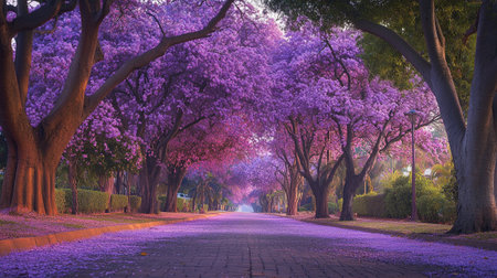 Flower alley with purple jacaranda trees in the parkの写真素材