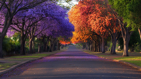 Purple and pink jacaranda tree alley in the parkの写真素材