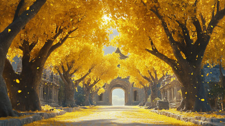 Ginkgo trees with golden leaves in autumn, 3d renderの写真素材