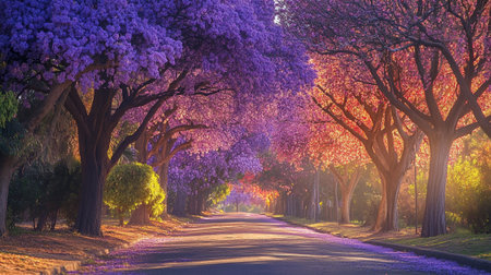 Cherry blossom trees along the road at sunset, South Australiaの写真素材