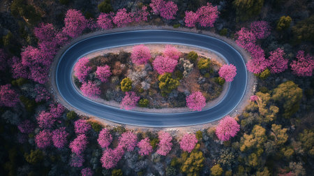 Aerial view of a winding road surrounded by pink cherry blossomsの写真素材