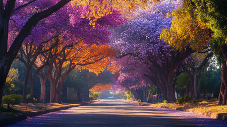 Wisteria trees in full bloom along the road at sunset.の写真素材