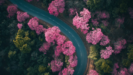 Aerial view of the road in the forest with pink flowers in the morningの写真素材
