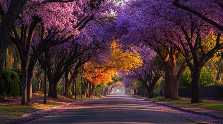 Beautiful jacaranda tree alley in spring time at sunset.