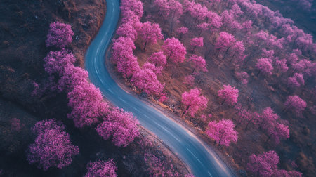 Aerial view of beautiful pink cherry blossom tree with curved roadの写真素材