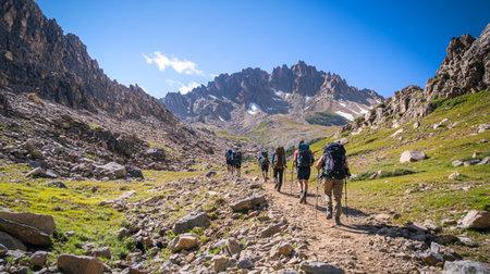 Group of hikers walking on a trail in the Dolomites, Italy