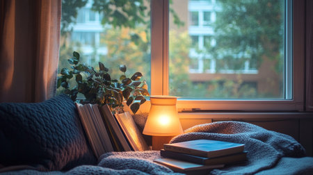 Cozy home interior. Cozy living room with books, lamp and plants on the windowsill.の写真素材