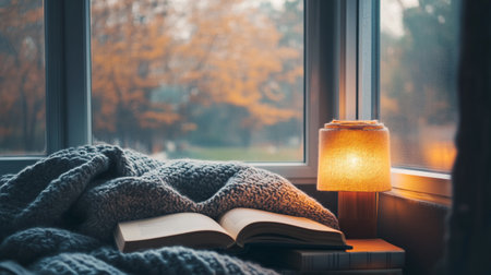 Cozy home interior. Book, lamp and blanket on the windowsill.の写真素材