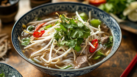 Vietnamese noodle soup with beef and vegetables in a bowl