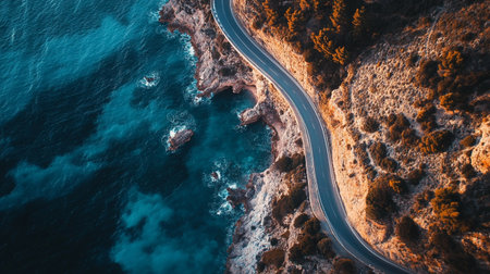 Aerial view of a road on the coast of Crete, Greece