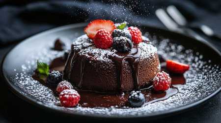 Chocolate cake with fresh berries and icing sugar on a black plateの写真素材