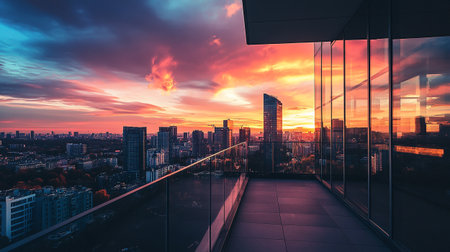 Cityscape view of modern city at sunset. Business and financial conceptの写真素材