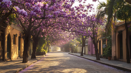 Beautiful blooming sakura trees in the streets of Cartagena, Colombiaの写真素材