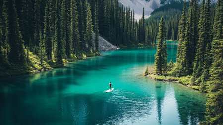 Beautiful view of turquoise lake with a man on a paddleboardの写真素材