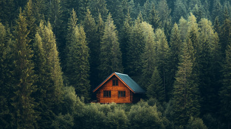 Wooden house in the coniferous forest. Retro style.
