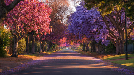Beautiful alley of blooming jacaranda trees in springの写真素材
