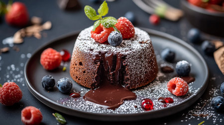 Chocolate bundt cake with fresh berries on a black background.の写真素材