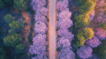 Aerial view of beautiful blooming trees in the forest at sunsetの写真素材