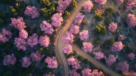 Aerial view of pink cherry blossom trees in spring time.の写真素材