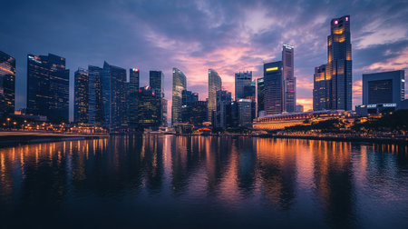 Singapore cityscape at night with skyscrapers and river.の写真素材