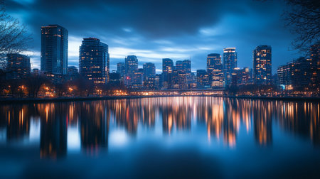 Cityscape at dusk with reflection.の写真素材