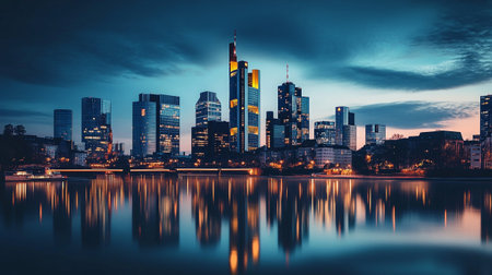 Frankfurt am Main skyline at night with reflection in river. Germanyの写真素材