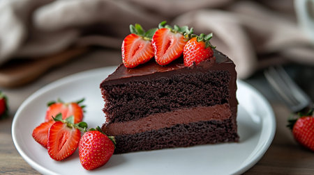 Chocolate cake with strawberries on a white plate, selective focus.の写真素材