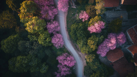 Aerial view of beautiful pink cherry blossoms tree in spring timeの写真素材
