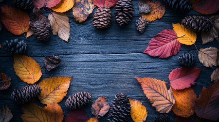 Colorful autumn leaves and cones on dark wooden background. Top view.の写真素材