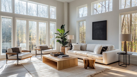 Modern living room interior with white sofa, coffee table and black posterの写真素材