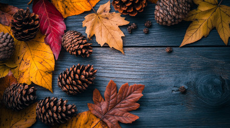 Autumn leaves and pine cones on rustic wooden background with copy spaceの写真素材