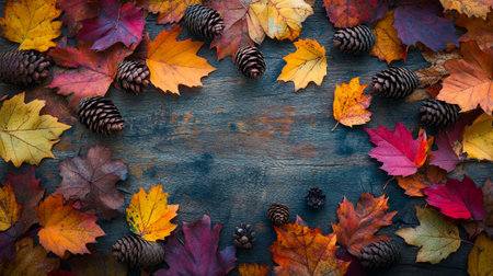 Autumn background with colorful leaves and cones. Top view with copy spaceの写真素材
