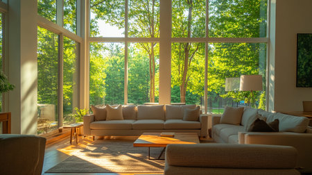Modern living room with a large window overlooking the garden. Nobody insideの写真素材