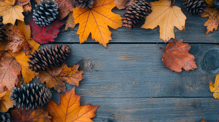 Autumn leaves and cones on rustic wooden background with copy spaceの写真素材