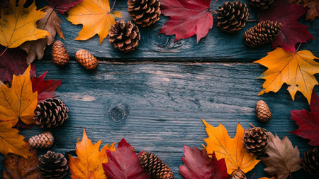 Autumn leaves and pine cones on rustic wooden background with copy spaceの写真素材