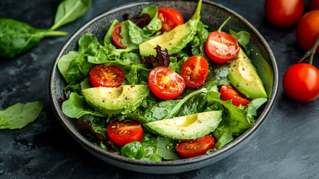 Healthy salad with avocado, cherry tomatoes, arugula and spinach in bowl on dark backgroundの写真素材