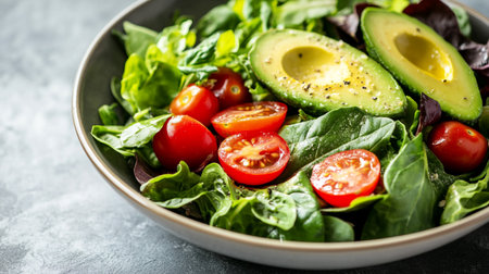 Green salad with cherry tomatoes, avocado and spinach in a bowl.の写真素材