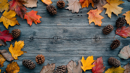 Autumn leaves and pine cones on rustic wooden background with copy space