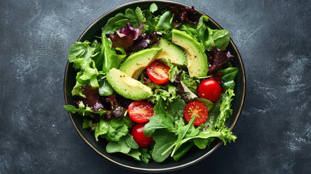 Fresh salad with avocado, cherry tomatoes and arugula on dark backgroundの写真素材