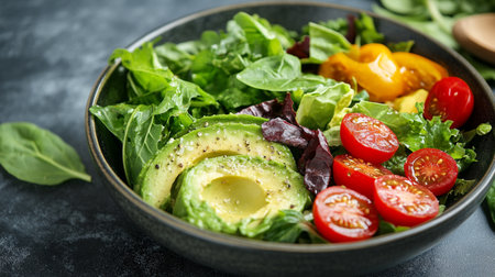 Healthy salad with avocado, cherry tomatoes and spinach in bowl on dark background